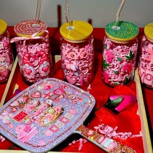Customized glass cups with bedazzled bamboo lid and glass straw